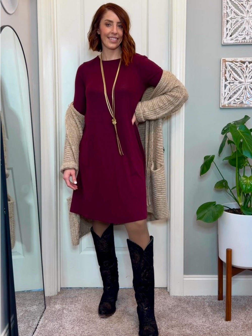 Old Navy | Rich Burgundy Red Long Sleeve Crew Neck Midi Dress Size Medium Tall - Picture 11 of 11
